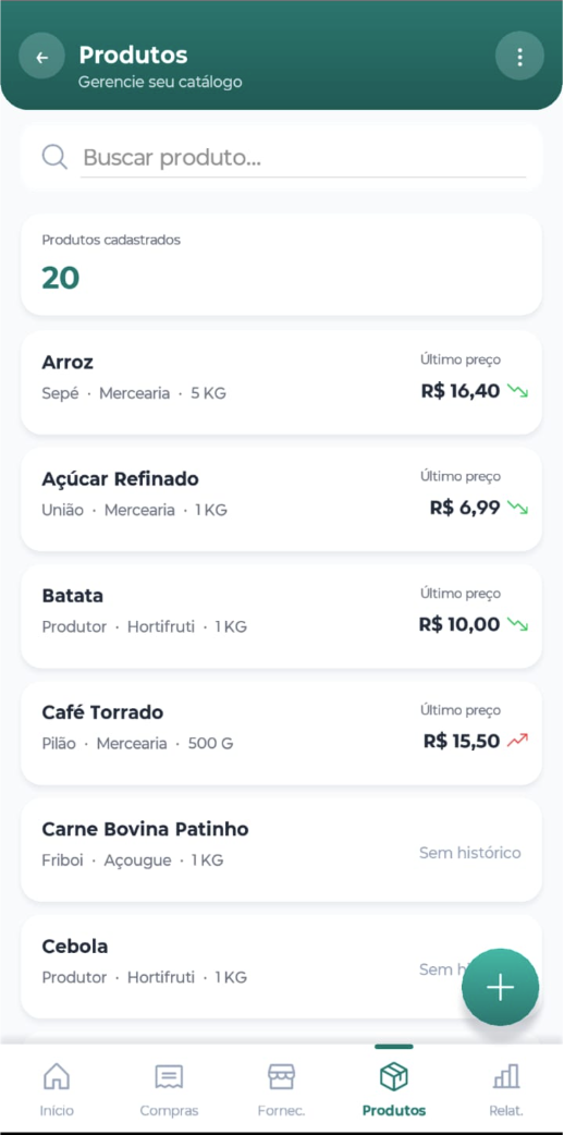 Tela de histórico de preço de um produto no Cota Aí