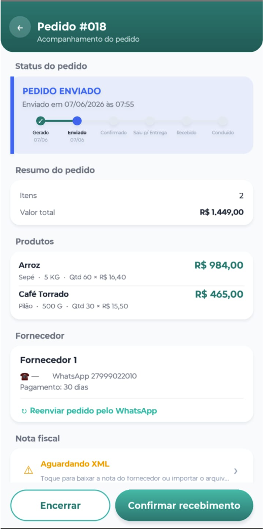 Acompanhamento do status do pedido no Cota Aí